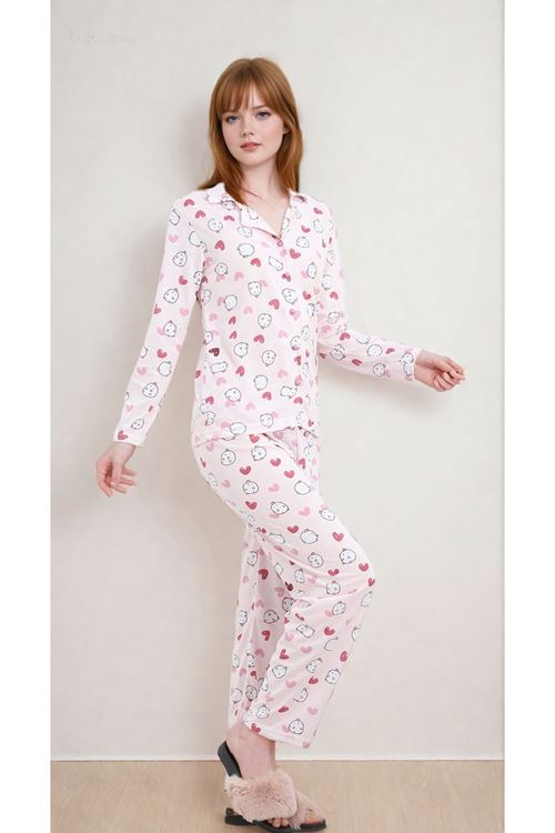 Kadın Kalpli Desenli Uzun Kollu Önden Düğmeli Gömlek Yaka Pembe Pijama Takımı