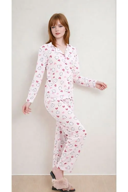 Kadın Kalpli Desenli Uzun Kollu Önden Düğmeli Gömlek Yaka Pembe Pijama Takımı
