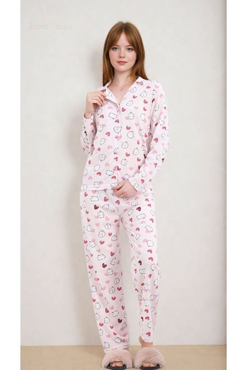 Kadın Kalpli Desenli Uzun Kollu Önden Düğmeli Gömlek Yaka Pembe Pijama Takımı