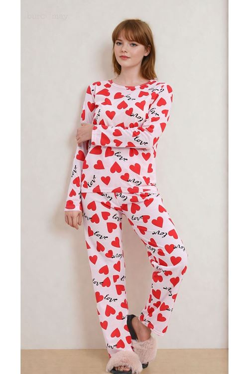 Kadın Kalpli Bisiklet Yaka Love Desenli Uzun Kollu Çok Renkli Pijama Takımı