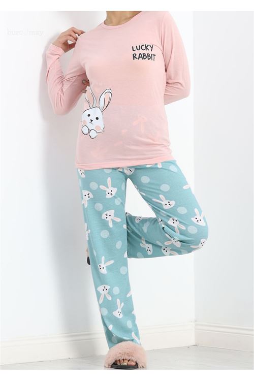 Kadın Tavşan Desenli Bisiklet Yaka Uzun Kollu Çok Renkli Pijama Takımı