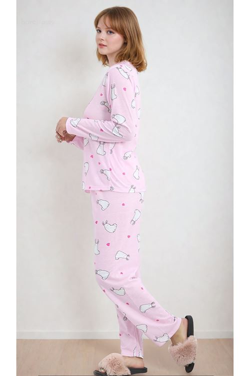 Kadın Tavşan Desenli Uzun Kollu Önden Düğmeli Gömlek Yaka Şık Toz Pembe Pijama Takımı