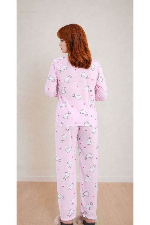 Kadın Tavşan Desenli Uzun Kollu Önden Düğmeli Gömlek Yaka Şık Toz Pembe Pijama Takımı