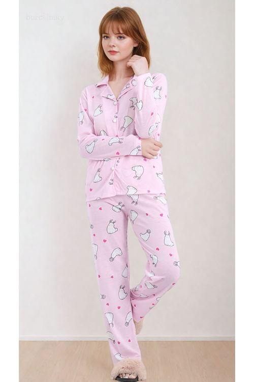 Kadın Tavşan Desenli Uzun Kollu Önden Düğmeli Gömlek Yaka Şık Toz Pembe Pijama Takımı