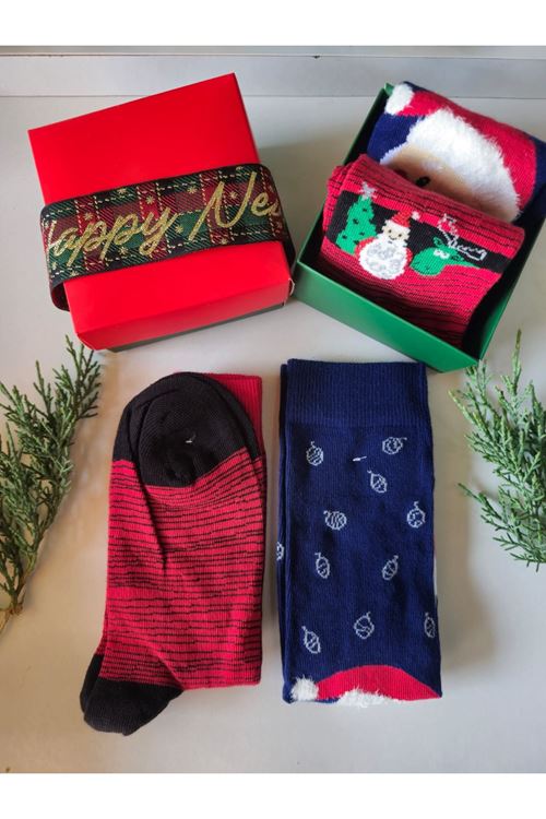 Yeni Yıl Temalı Ultra Lüks 2 Çift Özel Kutulu Çorap Hediyelik Çok Renkli Yılbaşı Çorabı