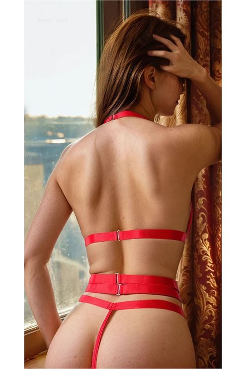 Kadın Kırmızı Dantelli Kalp Detaylı Seksi İç Giyim Seti Zincirli İç Çamaşır Takım