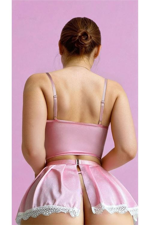 Kadın Pembe Fantezi Hizmetçi Kostüm Etekli Seksi Gecelik Takım