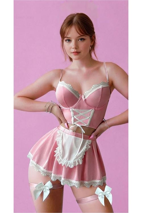 Kadın Pembe Fantezi Hizmetçi Kostüm Etekli Seksi Gecelik Takım
