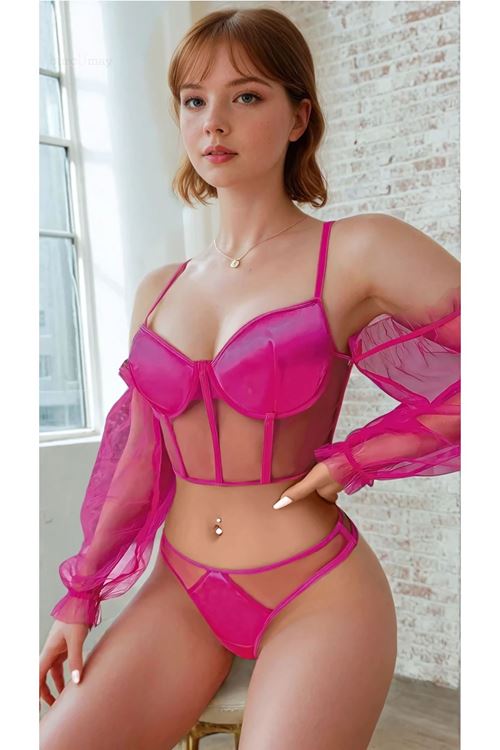 Kadın Pembe Kolları Tül Detaylı Fantezi Büstiyer Külot İç Çamaşırı Takımı