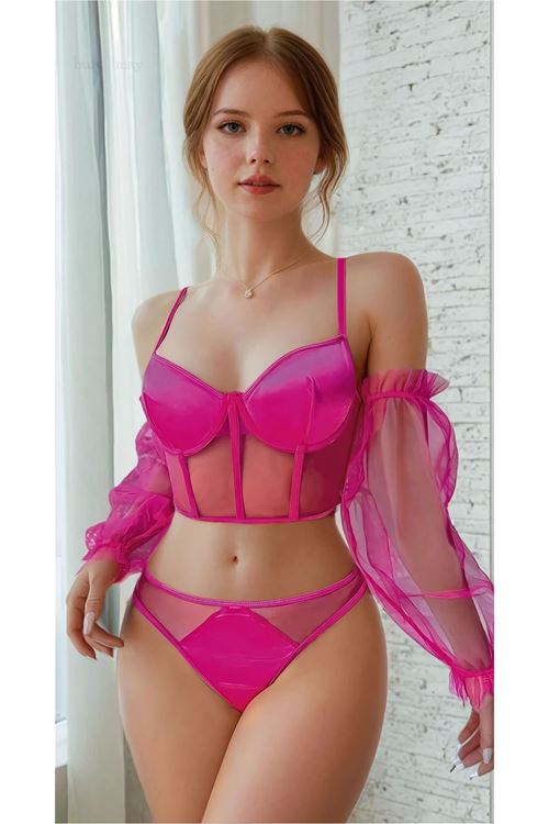 Kadın Pembe Kolları Tül Detaylı Fantezi Büstiyer Külot İç Çamaşırı Takımı