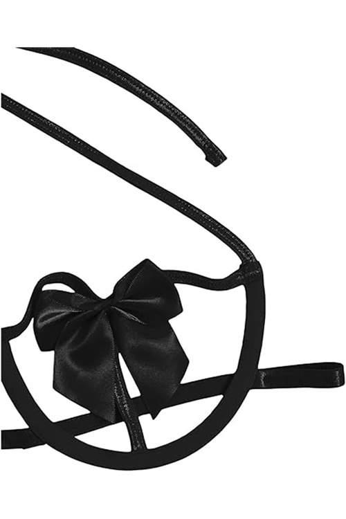 Women's Black Bow Detailed Sexy Fantasy Bra and Thong Panty Lingerie Set