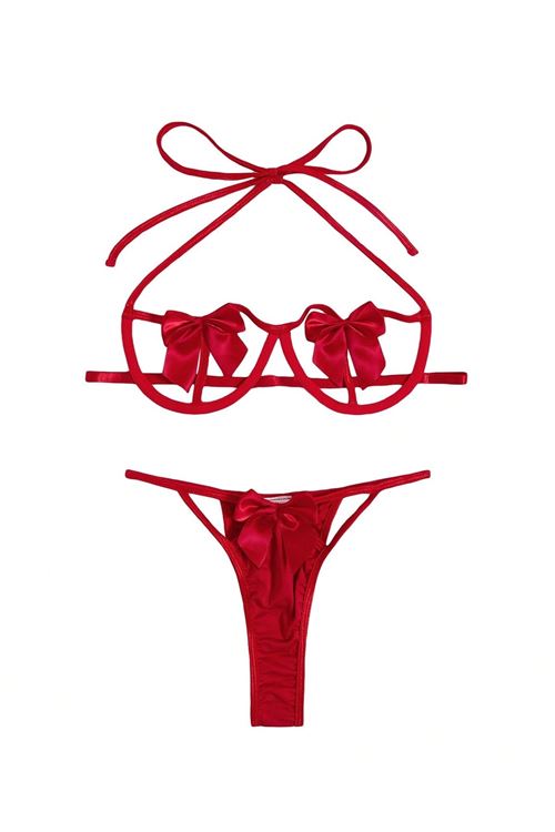 Women's Red Bow Detailed Sexy Fantasy Bra Thong Panty Lingerie Set