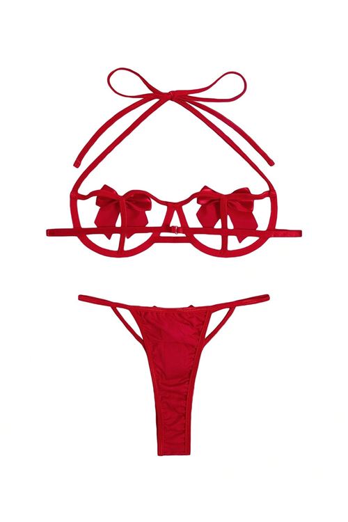Women's Red Bow Detailed Sexy Fantasy Bra Thong Panty Lingerie Set