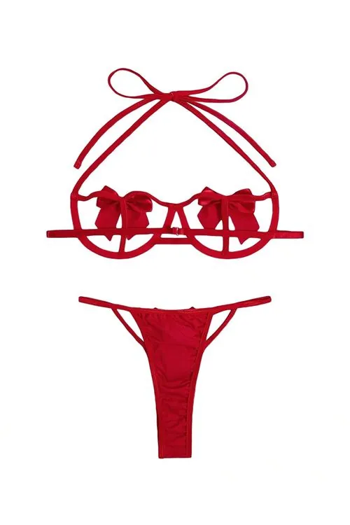 Kadın Kırmızı Fiyonk Detaylı Seksi Fantezi Sütyen Külot Tanga İç Çamaşır Takımı