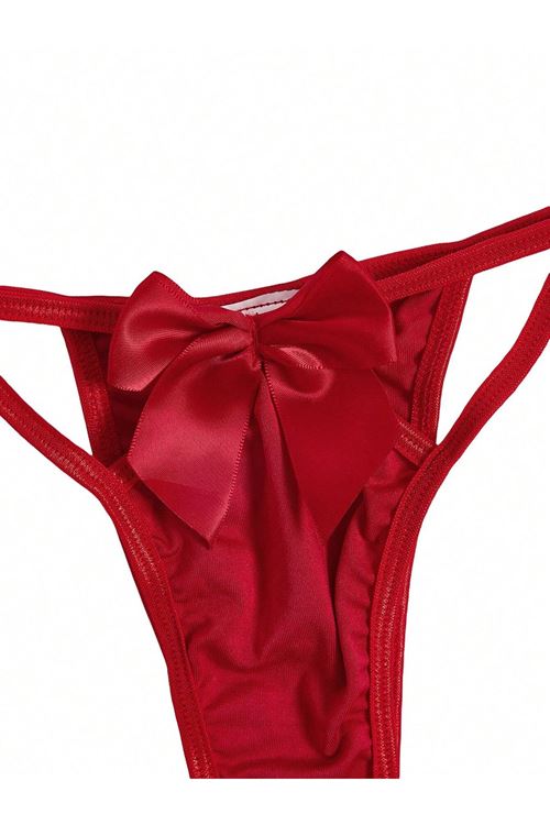 Women's Red Bow Detailed Sexy Fantasy Bra Thong Panty Lingerie Set