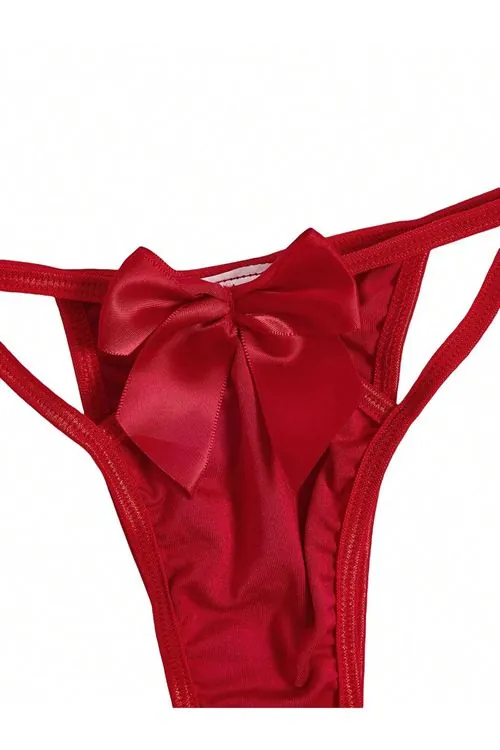 Kadın Kırmızı Fiyonk Detaylı Seksi Fantezi Sütyen Külot Tanga İç Çamaşır Takımı