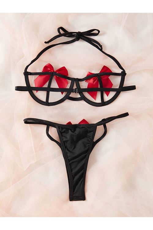 Women's Red Black Multicolor Bow Detailed Sexy Fantasy Bra Thong Panty Lingerie Set