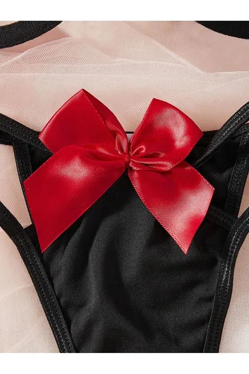 Kadın Kırmızı Siyah Çok Renkli Fiyonk Detaylı Seksi Fantezi Sütyen Külot Tanga İç Çamaşır Takımı