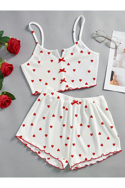 Women's Heart-Patterned Summer Sleeveless White Mini Crop Pajama Set with Shorts