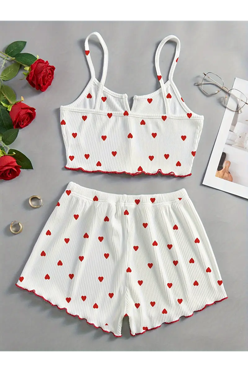 Women's Heart-Patterned Summer Sleeveless White Mini Crop Pajama Set with Shorts
