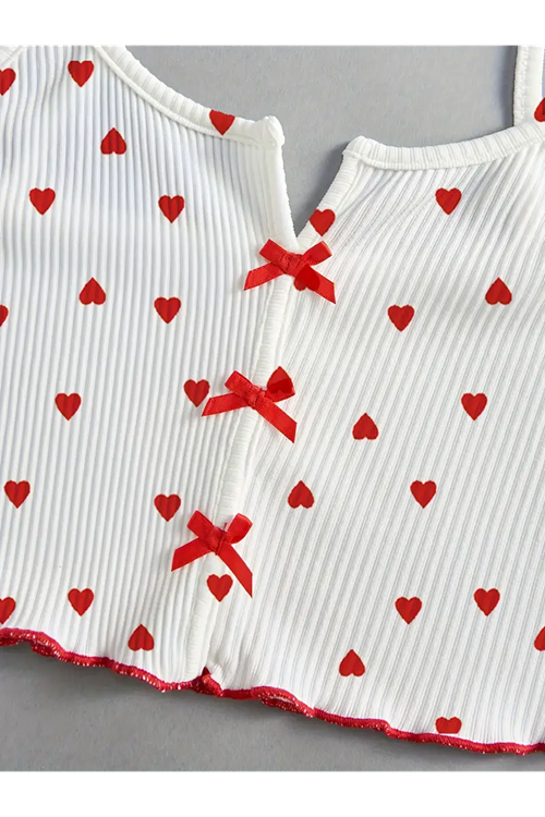 Women's Heart-Patterned Summer Sleeveless White Mini Crop Pajama Set with Shorts