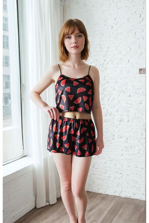 Women's Patterned Summer Sleeveless Black Mini Crop Pajama Set with Shorts