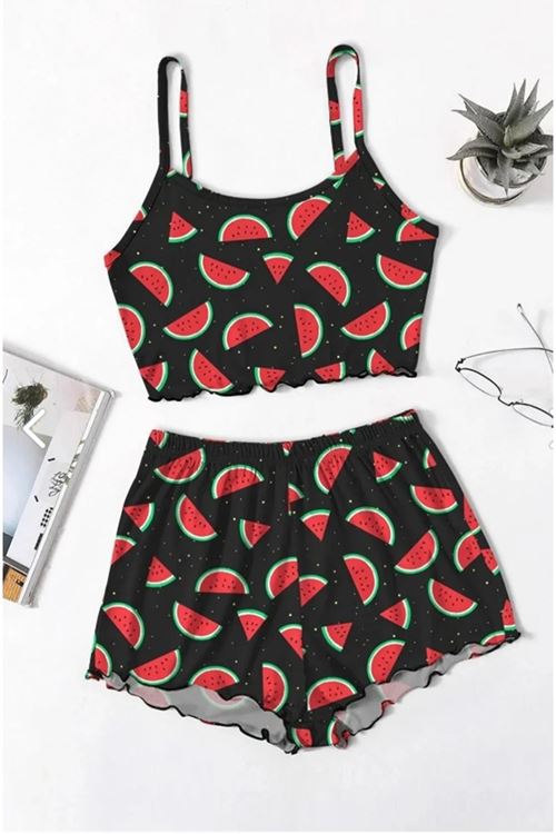 Women's Patterned Summer Sleeveless Black Mini Crop Pajama Set with Shorts