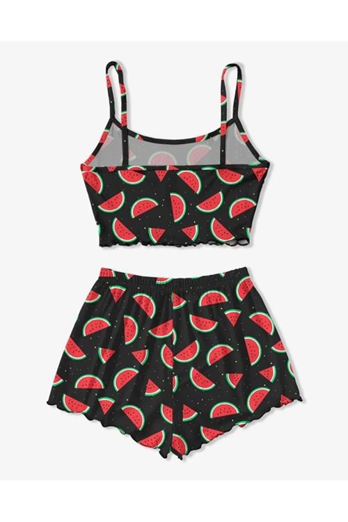 Women's Patterned Summer Sleeveless Black Mini Crop Pajama Set with Shorts