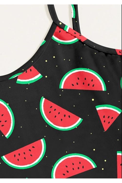 Women's Patterned Summer Sleeveless Black Mini Crop Pajama Set with Shorts