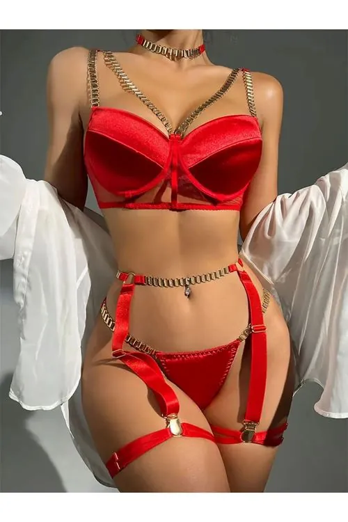  Kadın Kırmızı Zincirli Seksi Fantezi Sütyen String Jartiyer İç Çamaşırı Takımı