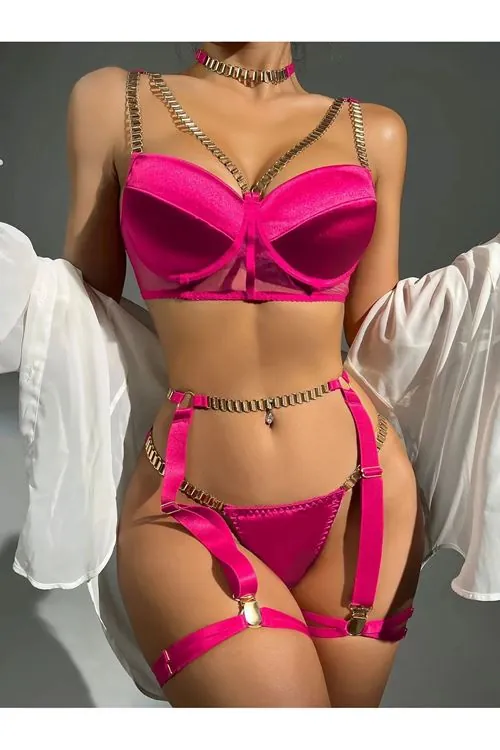 Kadın Fuşya Zincirli Seksi Fantezi Sütyen String Jartiyer İç Çamaşırı Takımı