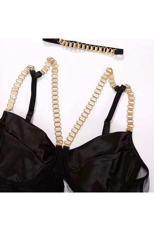 Kadın Siyah Zincirli Seksi Fantezi Sütyen String Jartiyer İç Çamaşırı Takımı