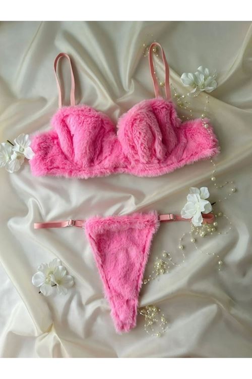 Pembe Peluş Sütyen ve String Takımı Kadın İç Çamaşırı Seti