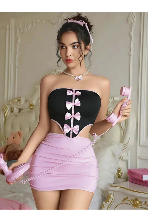 Kadın Fiyonklu Seksi Büstiyer Etek Fantezi Elbise Kostüm