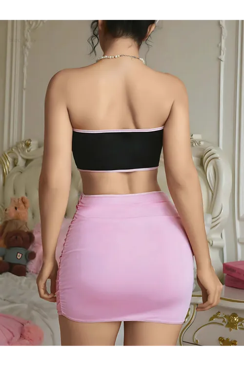 Kadın Fiyonklu Seksi Büstiyer Etek Fantezi Elbise Kostüm