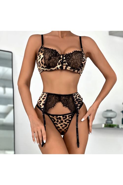 Women's Leopard Print Lace Detail Sexy Bra, Thong, and Garter Belt Fantasy Lingerie Set