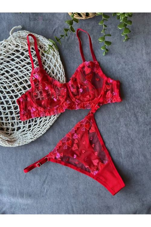 Women's Red Bow Detailed Sexy Fantasy Bra Thong Panty Lingerie Set