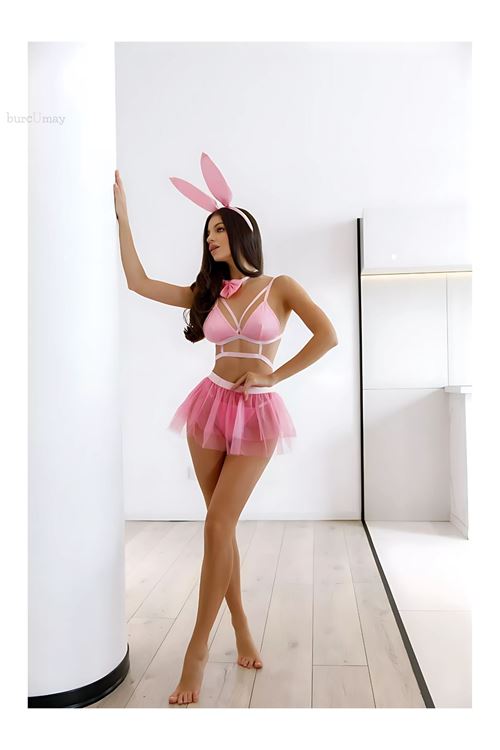Kadın Pembe Fantezi Tavşan Kostüm Etekli Seksi Gecelik Takım