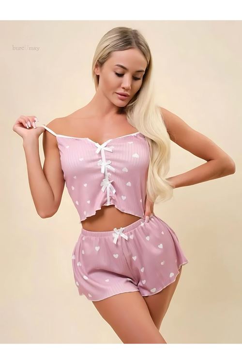 Women's Heart-Patterned Summer Sleeveless White Mini Crop Pajama Set with Shorts