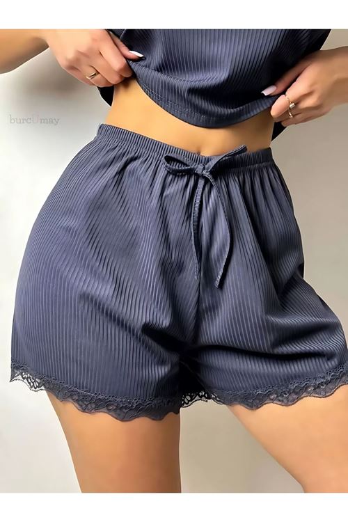Kadın Dantel Detaylı Safir Mavi Kolsuz Askılı Mini Yazlık Pijama Takımı