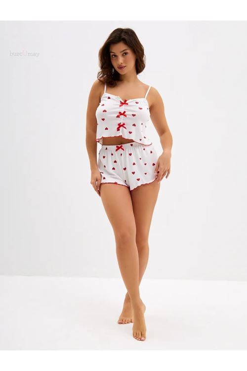 Women's Heart-Patterned Summer Sleeveless White Mini Crop Pajama Set with Shorts