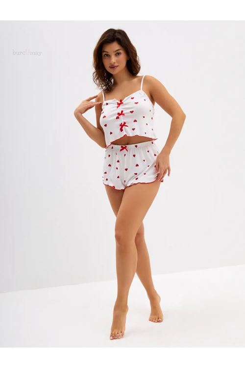 Women's Heart-Patterned Summer Sleeveless White Mini Crop Pajama Set with Shorts