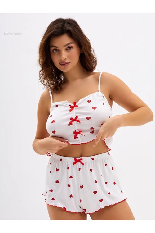 Women's Heart-Patterned Summer Sleeveless White Mini Crop Pajama Set with Shorts