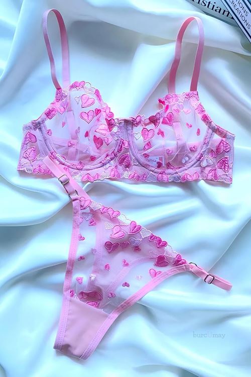 Women's Red Bow Detailed Sexy Fantasy Bra Thong Panty Lingerie Set