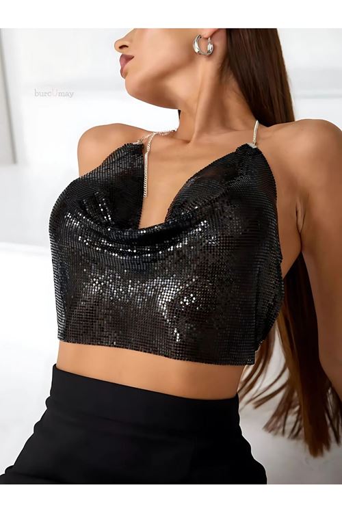 Kadın Siyah Parlak Taşlı Payetli Mini Crop Kayık Yaka Seksi Zincirli Bluz Zırh Büstiyer