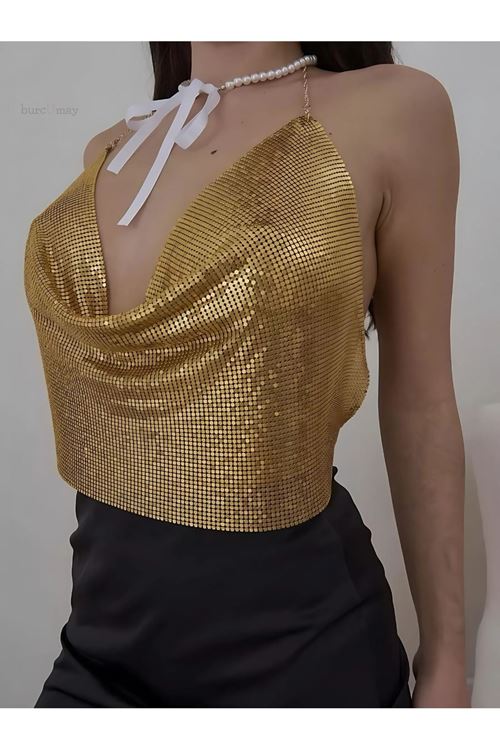 Kadın Gold Parlak Taşlı Payetli Mini Crop Kayık Yaka Seksi Zincirli Bluz Zırh Büstiyer