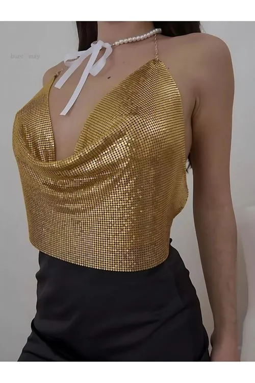 Kadın Gold Parlak Taşlı Payetli Mini Crop Kayık Yaka Seksi Zincirli Bluz Zırh Büstiyer