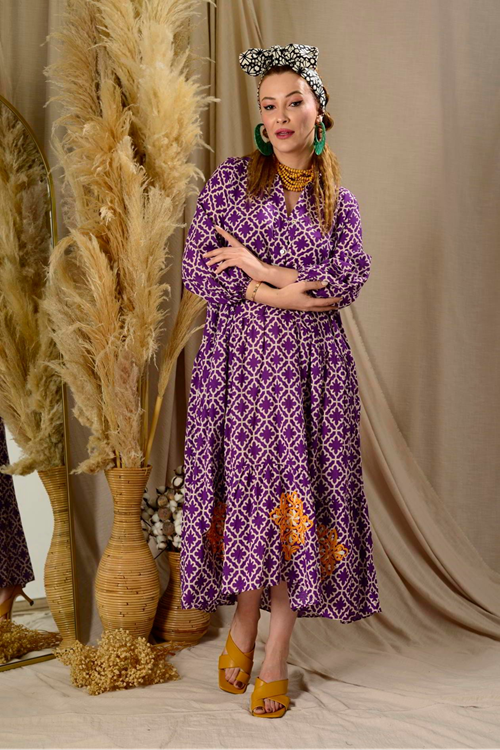  Kadın Desenli Mor İşlemeli Pamuklu Jalabiya Mütevazı Cepli Uzun Gömlek Elbise