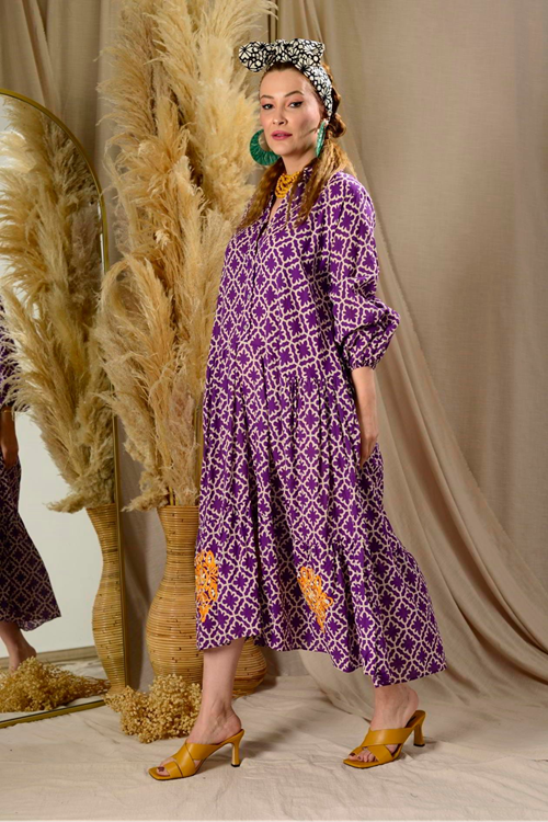  Kadın Desenli Mor İşlemeli Pamuklu Jalabiya Mütevazı Cepli Uzun Gömlek Elbise