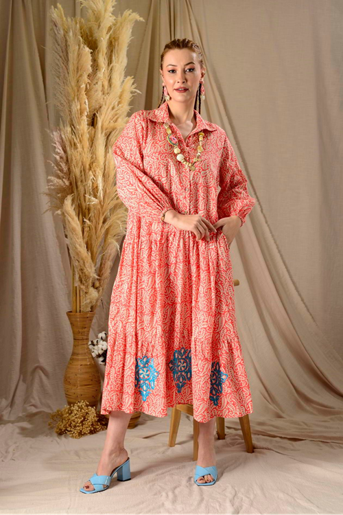 Kadın Desenli İşlemeli Pamuklu Maxi Cepli Uzun Gömlek Elbise